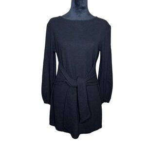 R Vivimos Black Textured Tie Waist Long Sleeve Mini Dress Women Size L 12 14